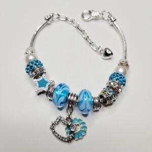 NWT Pandora Style Hello Kitty Charm Bracelet Aqua Blue Rhinestones Silver Glow